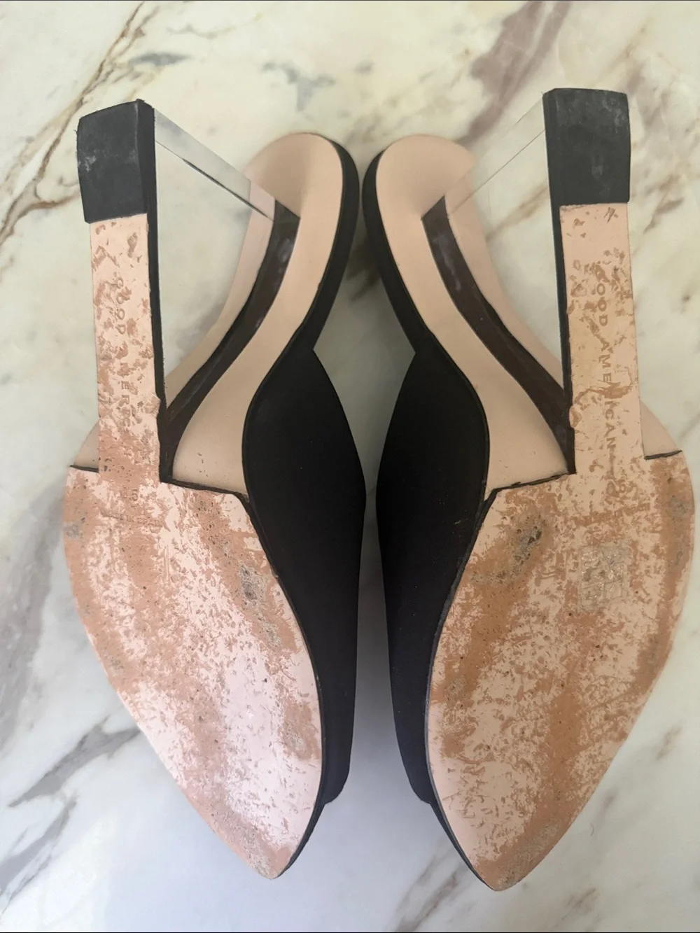 Good American Black Neoprene Clear Heeled Wedges 8.5